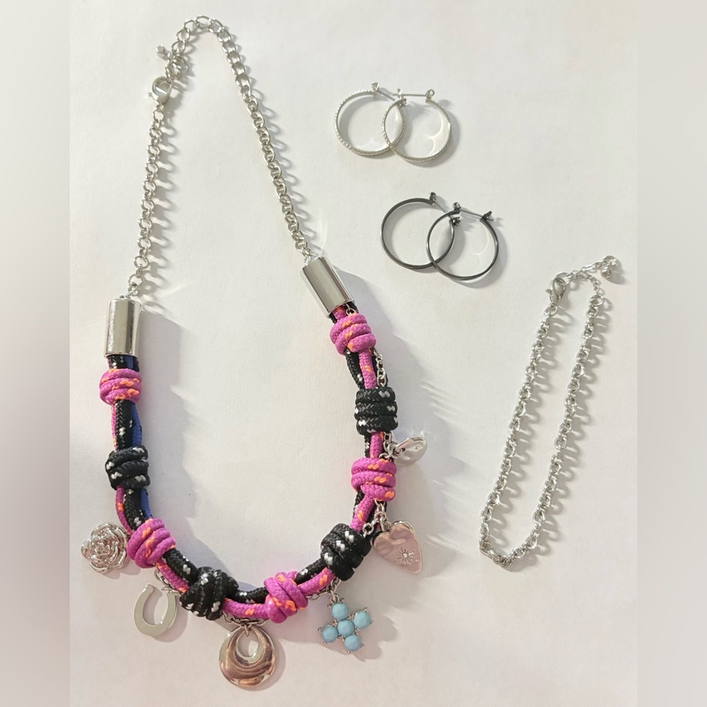 Pink & Black Knot Necklace w/ Bracelet & Earrings NWOT